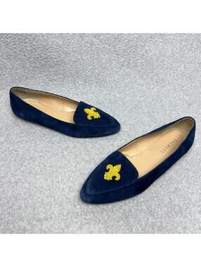 Talbots Francesca Navy Suede Loafers Yellow Fleur De Lis Embroidered Flats 7.5